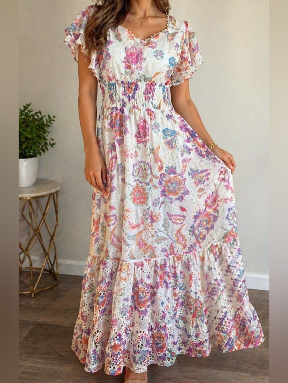 New Solitaire Cream Floral Maxi Dress with Pink and Blue Accents